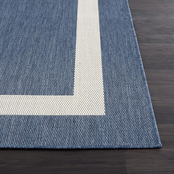 CAMILSON Outdoor Rug 9x12, Large Modern Outside Rugs for Patios Porches Waterproof Durable Washable Non-Shedding, Easy-to-Clean Indoor Outdoor Area Carpet (9 x 12, Bordered - Blue/White)