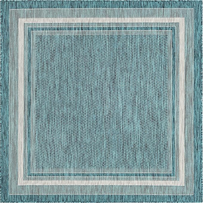 Unique Loom Outdoor Border Collection Area Rug - Soft Border (5' 1" Square, Teal/ Ivory)