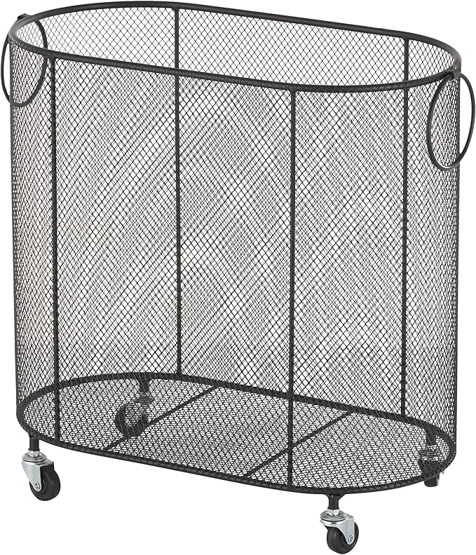Deco 79 Metal Storage Cart Oval Mesh Wire Rolling Laundry with Ring Handles, 21" x 12" x 21", Black