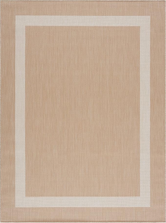 CAMILSON Outdoor Rug 9x12, Large Modern Outside Rugs for Patios Porches Waterproof Durable Washable Non-Shedding, Easy-to-Clean Indoor Outdoor Area Carpet (9 x 12, Bordered - Beige/White)