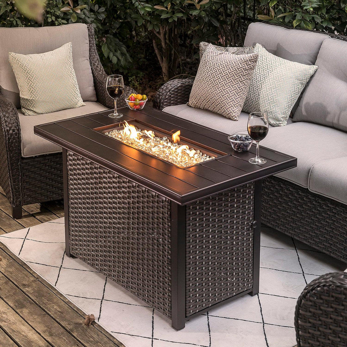 Nuu Garden Outdoor 43 Inch 50,000 BTU Propane Gas Fire Pit Table, Aluminum Tabletop and PE Rattan Weaved Steel Frame, Water-Proof Oxford Cover, Glass Beads, Lid, Dark Brown