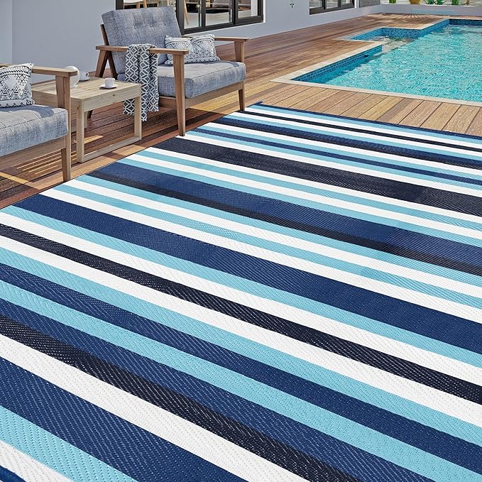 Outdoor Waterproof Rug 8'x10' Plastic Straw Rugs Washable Reversible Floor Mat Blue Stripe Carpet for Camping RV Deck Entryance Porch Picnic Balcony Beach Backyard