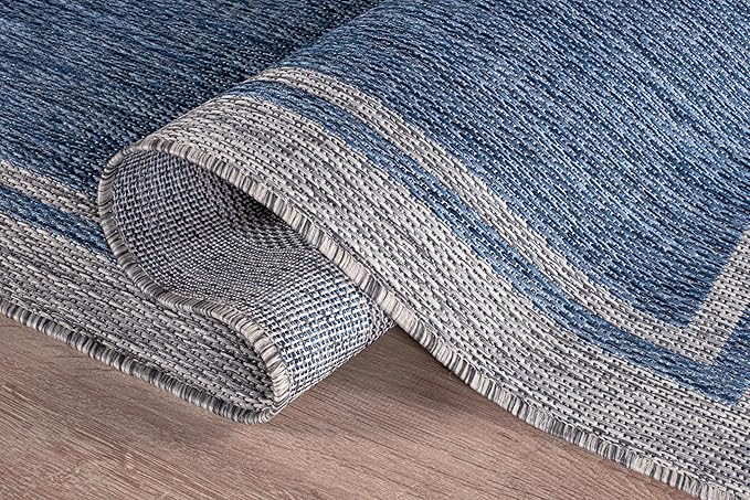 CAMILSON Outdoor Rug, 5x7 Bordered Navy Blue Gray Modern Area Rugs for Indoor and Outdoor Patios, Porches Waterproof Washable Porch Deck Outside Carpet (Bordered Navy, 5 x 7)