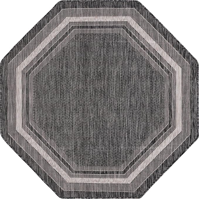Unique Loom Outdoor Border Collection Area Rug - Soft Border (5' 3" Octagon, Black/ Ivory)
