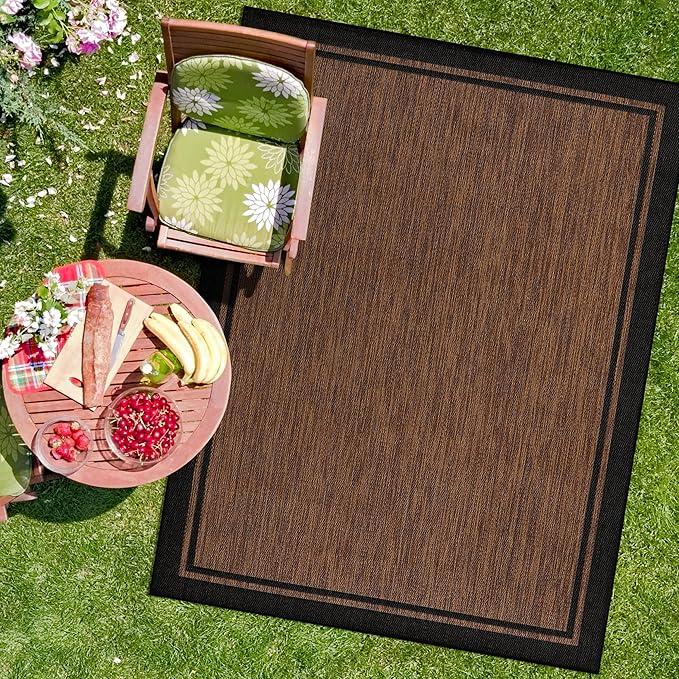 CAMILSON Indoor Outdoor Rug, 6x9 Bordered Nut Brown Black Modern Area Rugs for Indoor and Outdoor Patios, Kitchen and Hallway Mats, Washable Porch Deck Outside Carpet (Bordered Nut Brown Black, 6 x 9)
