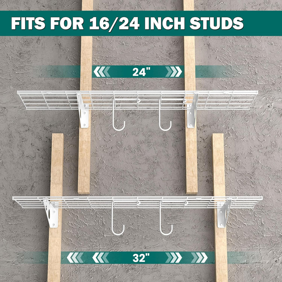 EVERHANGER Garage Wall Shelves, 12 X 48 Inch Wall Mounted Storage Shelves, Heavy Duty Metal Shelving with Hooks, 2 Pack, White
