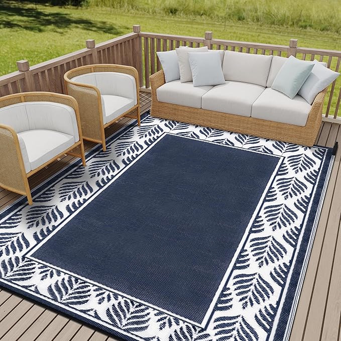 Outdoor Plastic Straw Rug, Waterproof Mat, Washable Large Floor Mat and Rug for Outdoors, RV, Beach, Patio, Camping, Backyard, Deck, Picnic, Outside (Olive-Leaf/Dark Blue&White,9x12ft)