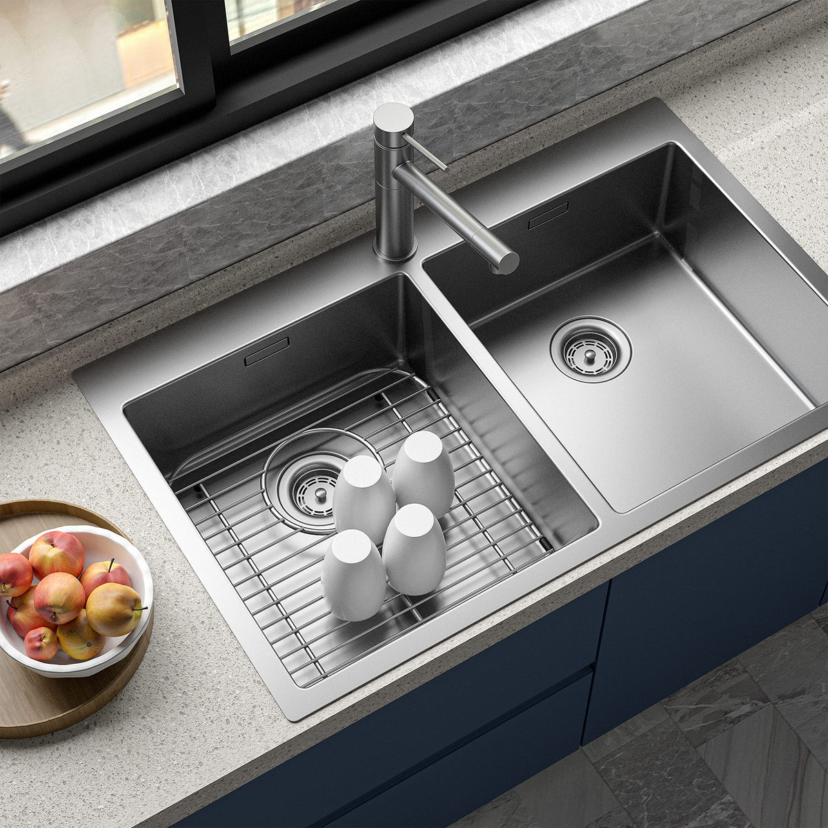 2Pack Stainless Steel Kitchen Sink Grid,13.2" x 11.6" x 1.2" Sink Protectors With Rear Drain Hole,Sink Rack for Bottom of Sink, Anti-rust Metal Sink Bottom Grid With 2Pack Sink Strainers