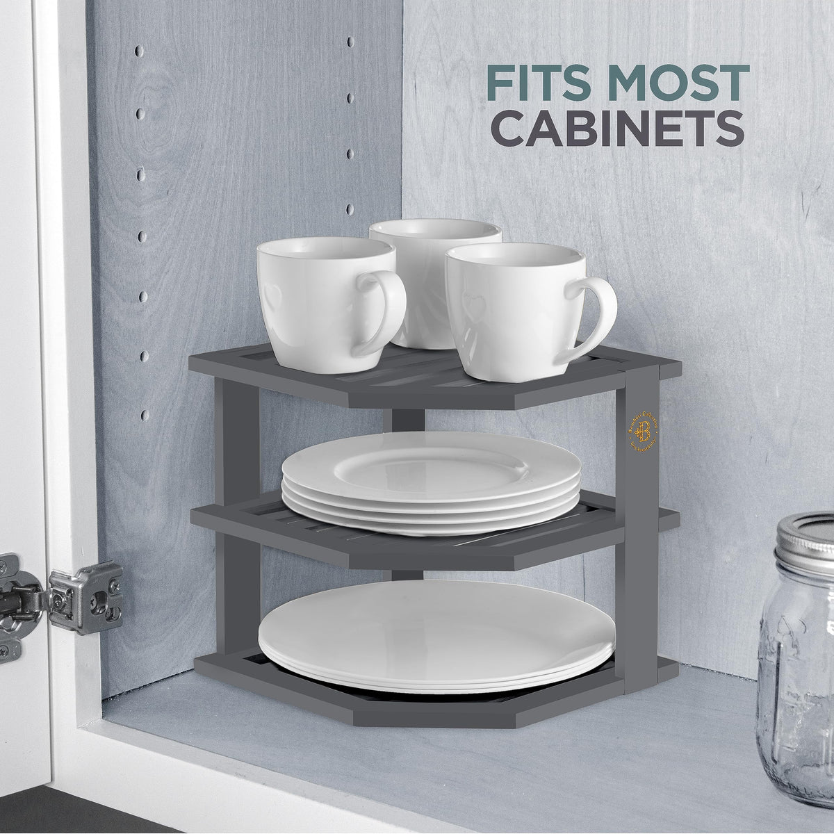 Bambüsi Grey 3-Tier Corner Shelf, Kitchen Cabinet Organizer, Bamboo Rack