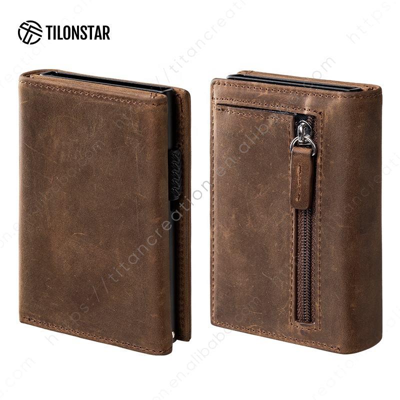Snavya Crazy Horse Genuine Leather Card Holder – Aluminum Automatic Pop-Up Wallet for Men | Slim RFID ID Holder