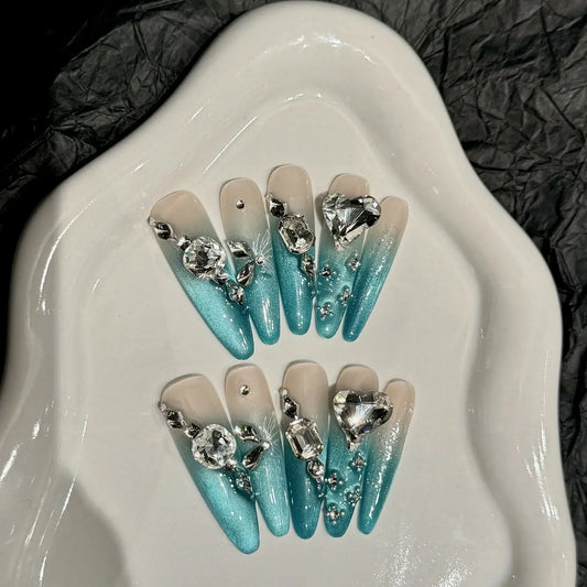 Gradient Blue Cat Eye Nails