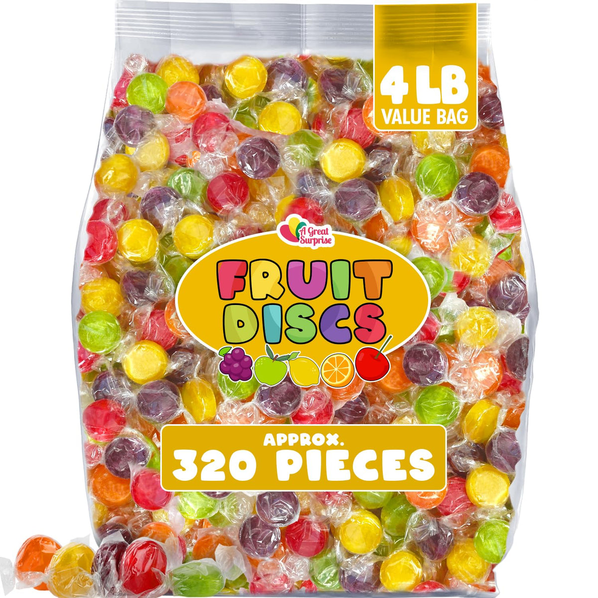A Great Surprise Assorted Fruit Discs - 4 Pound Bulk Bag | Fruit Flavored Candies, Individually Wrapped