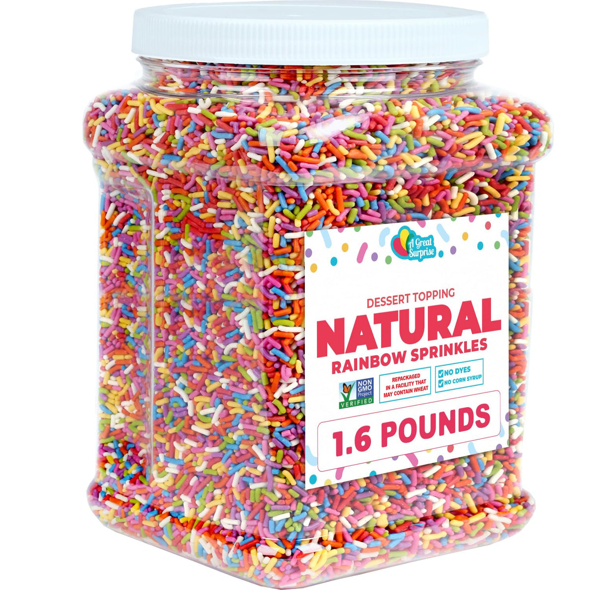 A Great Surprise Dye-Free Rainbow Sprinkles – 1.6 Lb Natural Vegan Toppings | No Artificial Dyes or Flavors | Non-GMO Jimmies