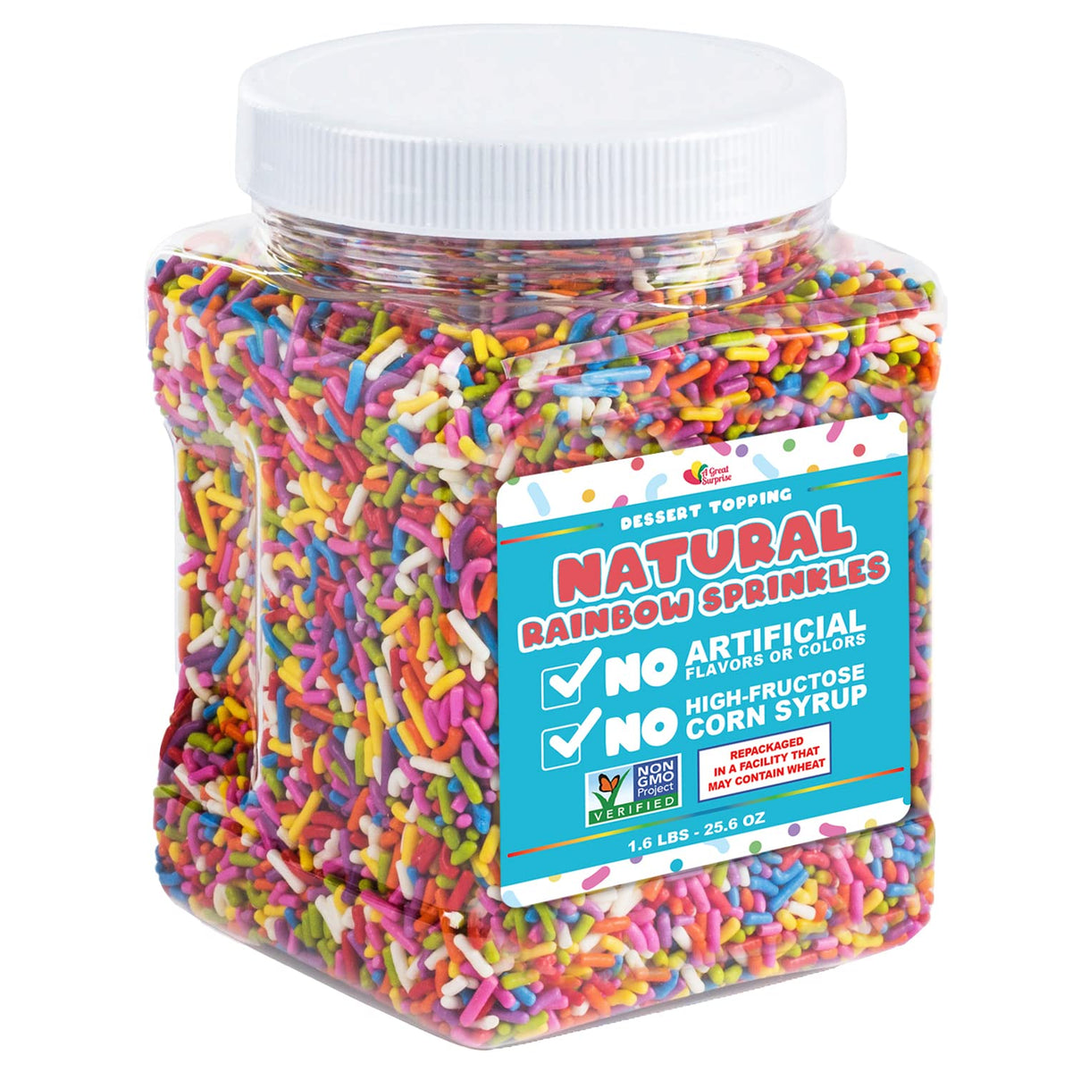 A Great Surprise Dye-Free Rainbow Sprinkles – 1.6 Lb Natural Vegan Toppings | No Artificial Dyes or Flavors | Non-GMO Jimmies