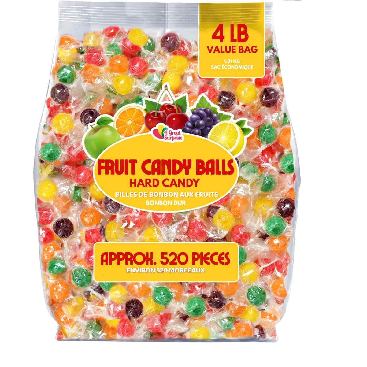 A Great Surprise Hard Candy Fruit Balls – 4 lb Bulk, Assorted Fruity Flavors