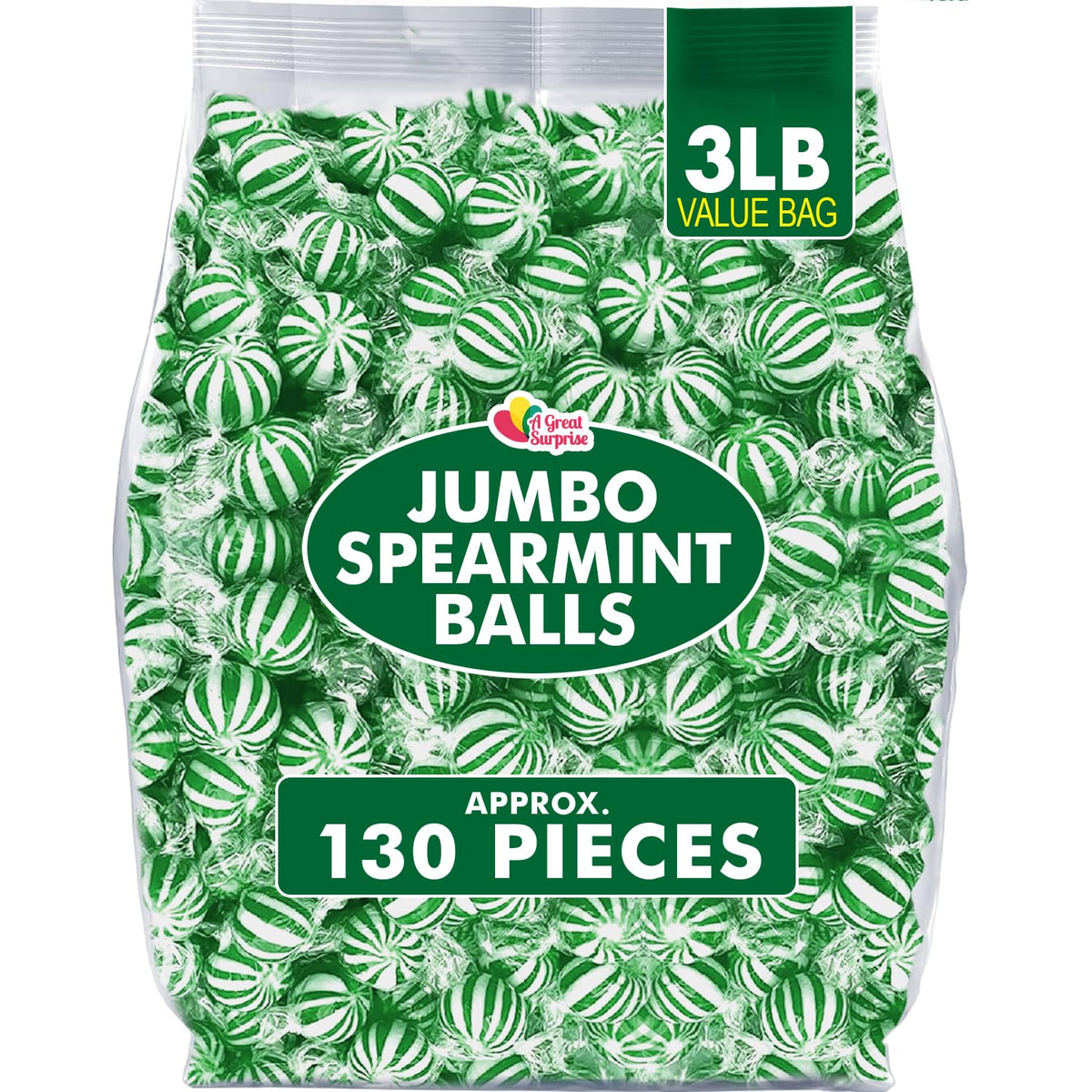A Great Surprise Jumbo Spearmint Mint Balls – 3 lb Bulk, Individually Wrapped Green Starlight Mints