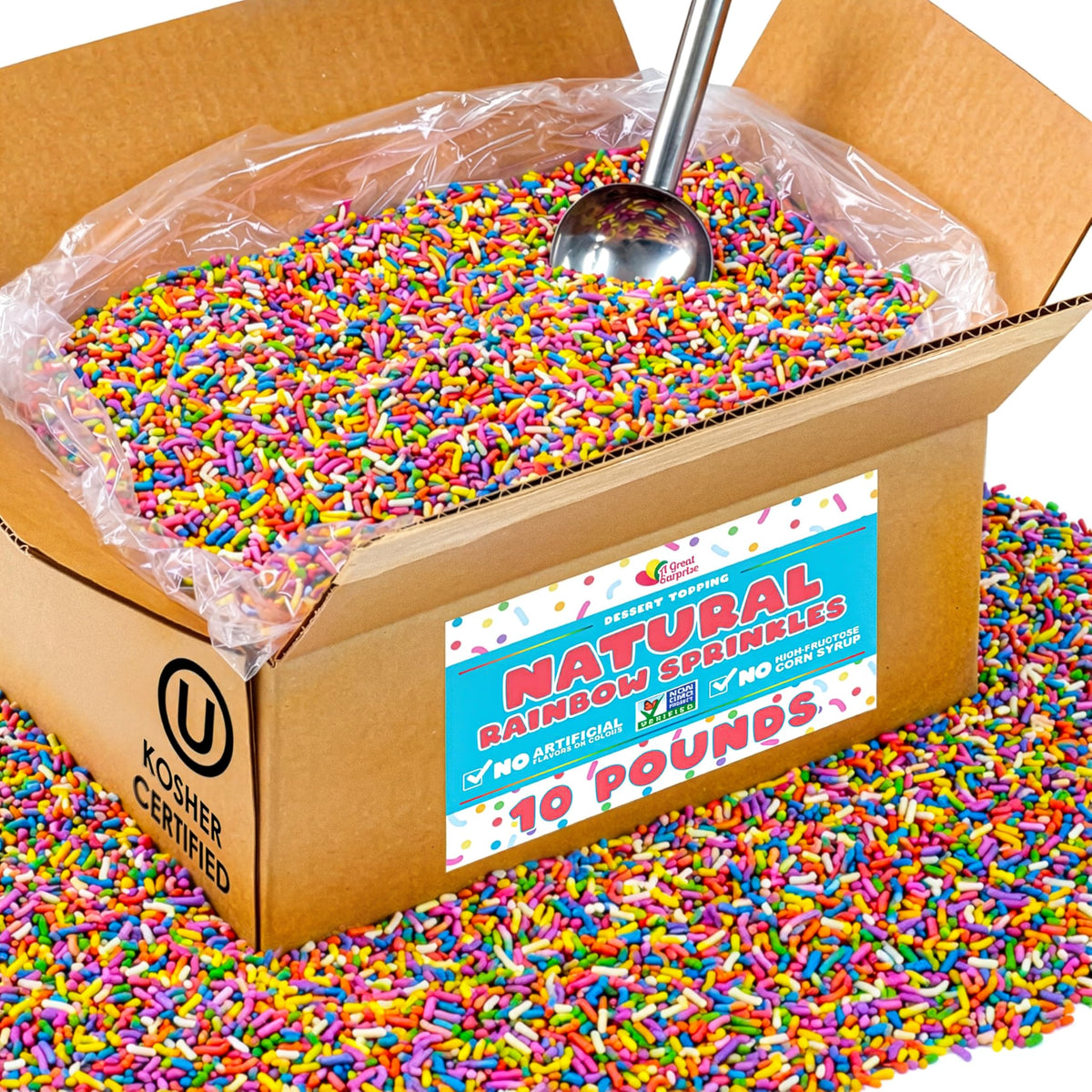 Bulk Natural Rainbow Sprinkles – 10 lb Wholesale | Kosher, Non-GMO, Dye-Free Jimmies | A Great Surprise