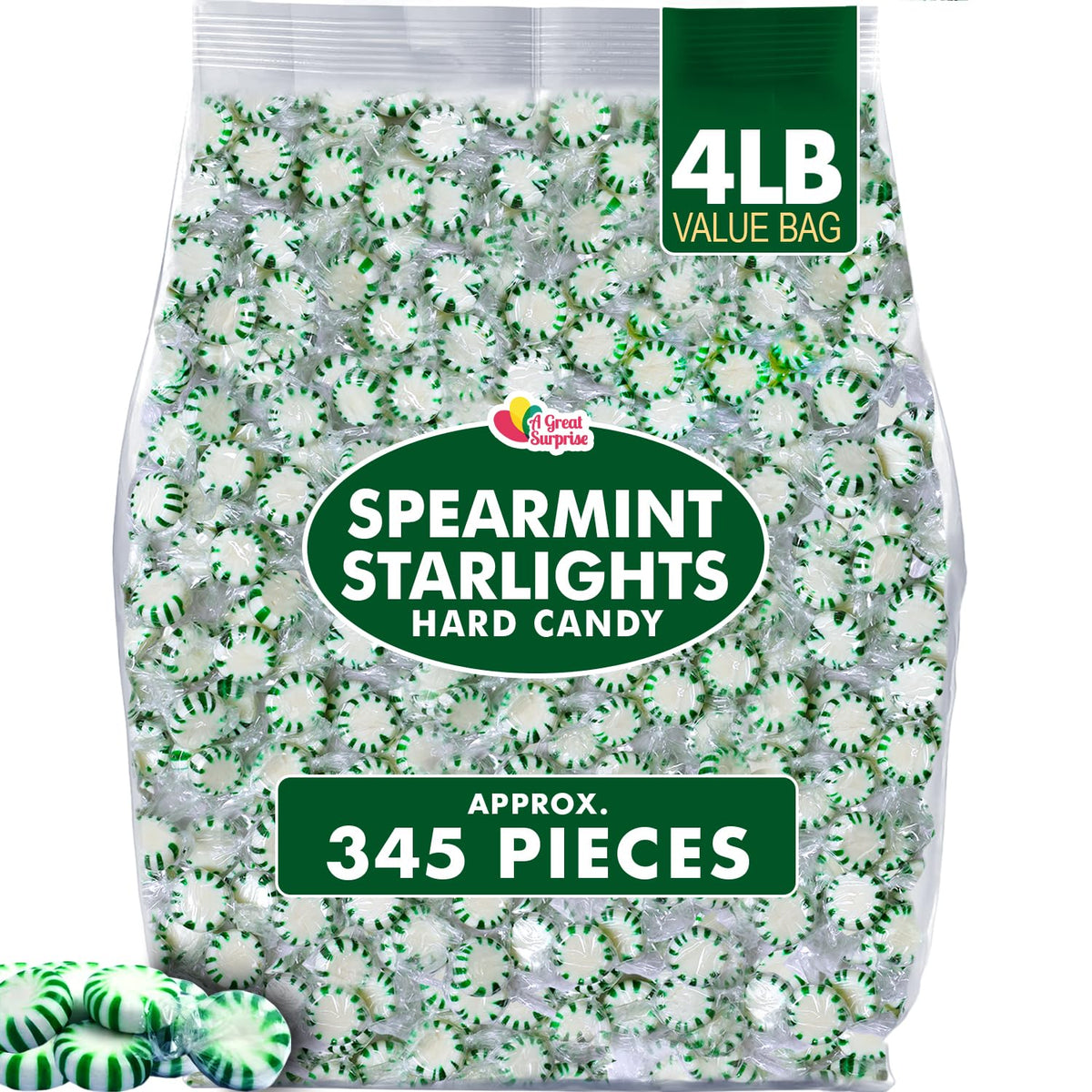 A Great Surprise Spearmint Starlight Mints – 4 lb Bulk, Individually Wrapped Green White Hard Candies
