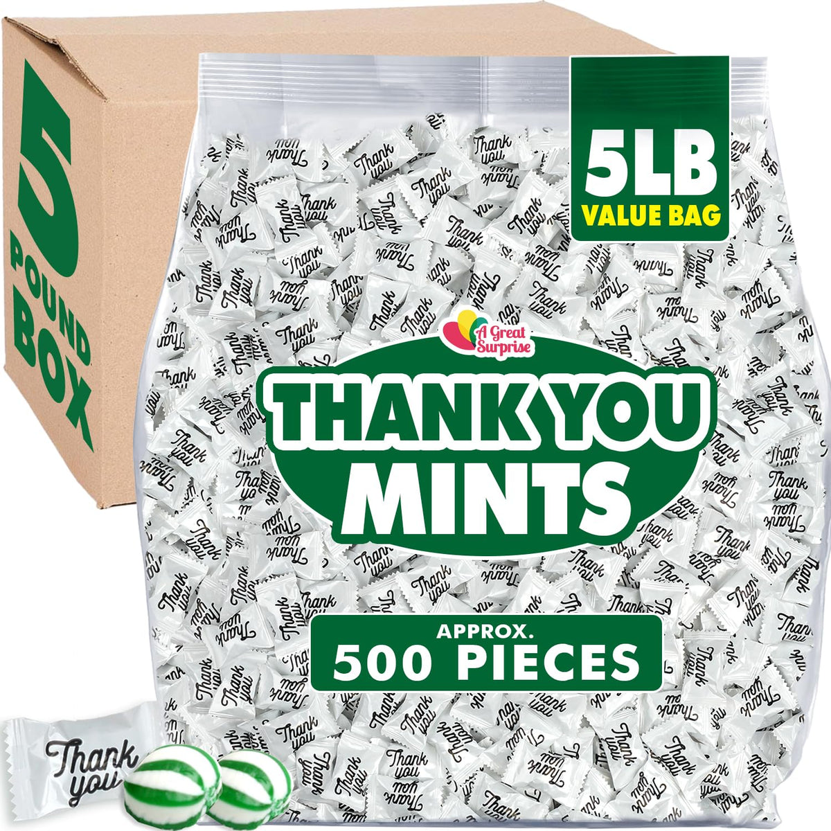 Thank You Hard Candy Mints – 5 lb Bag, Individually Wrapped Spearmint | Hospitality, Office & Event Sweets | A Great Surprise