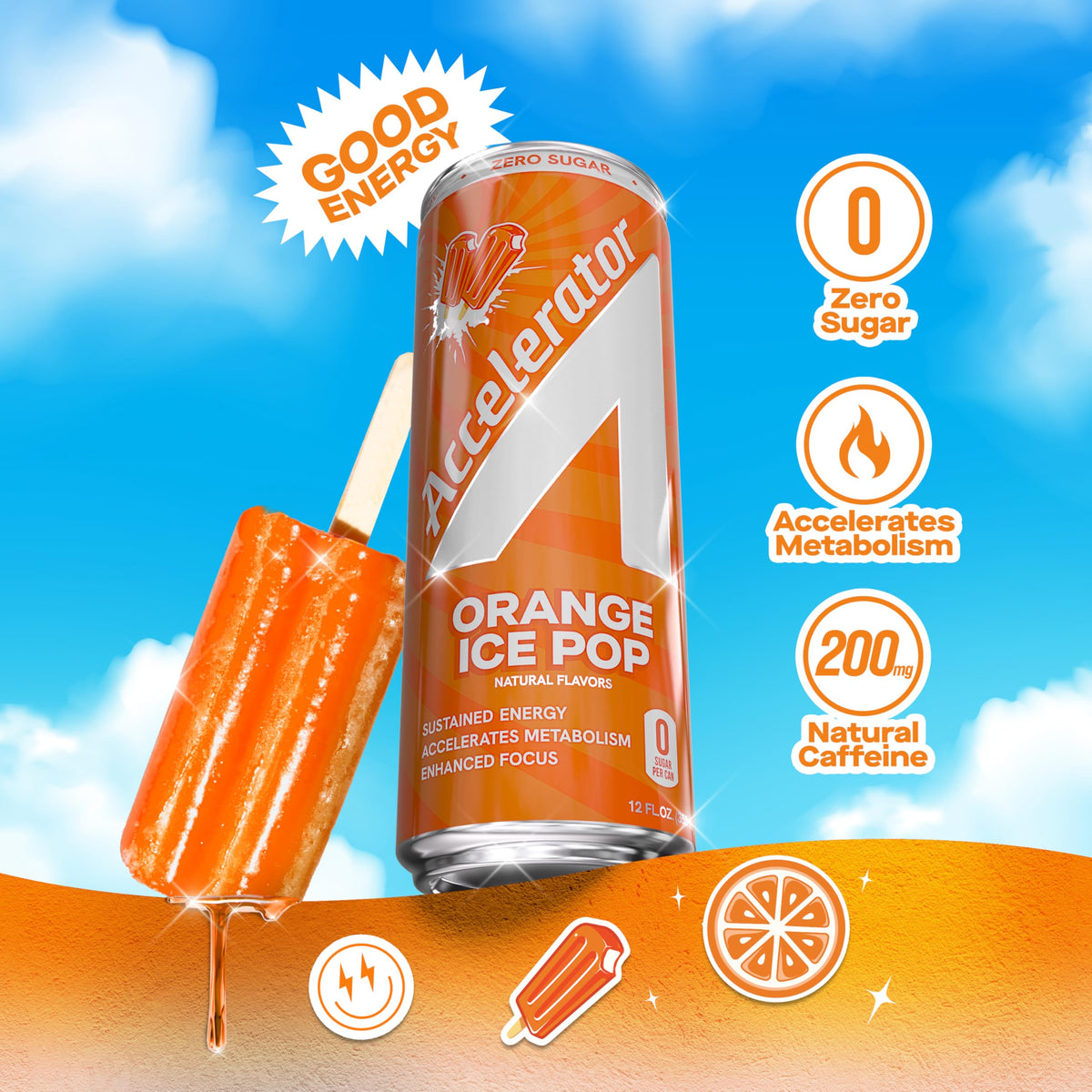 Accelerator Energy Drink Orange Ice Pop – 12oz Can (12 Pack), Zero Sugar, 200mg Natural Caffeine
