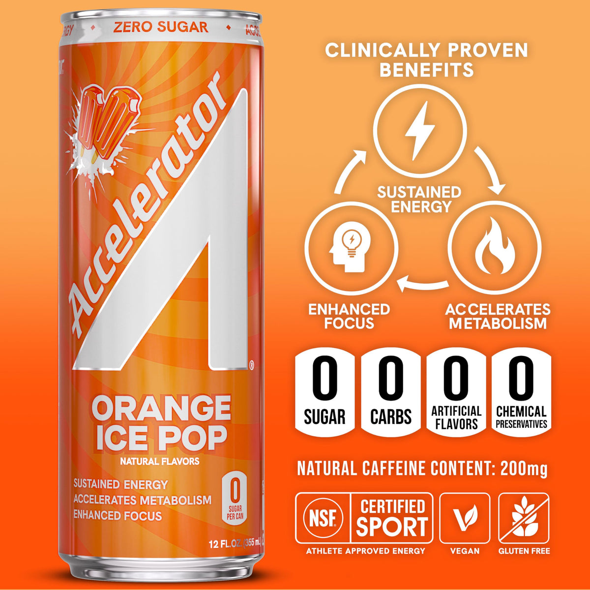 Accelerator Energy Drink Orange Ice Pop – 12oz Can (12 Pack), Zero Sugar, 200mg Natural Caffeine