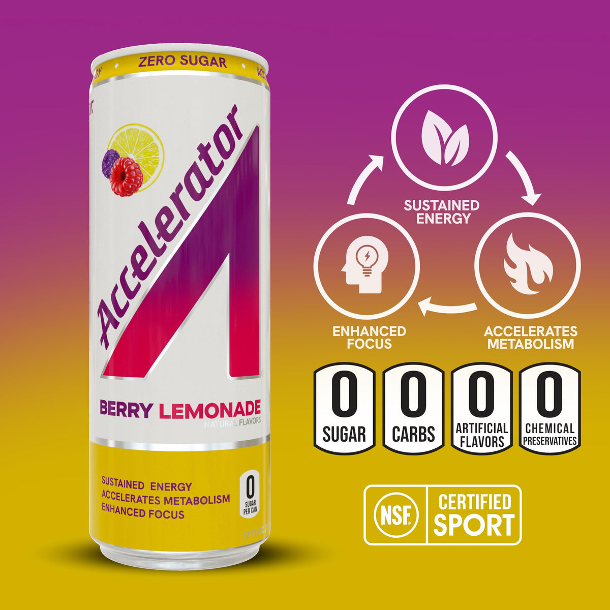 Accelerator Energy Drink Berry Lemonade — Zero Sugar, 200mg Caffeine (12-Pack)