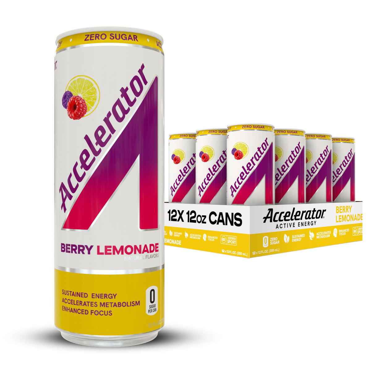 Accelerator Energy Drink Berry Lemonade — Zero Sugar, 200mg Caffeine (12-Pack)