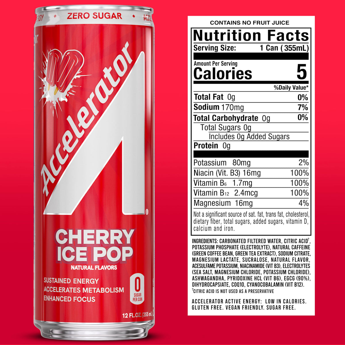 Accelerator Cherry Ice Pop Energy Drink – 12 Pack, Zero Sugar, 200mg Natural Caffeine