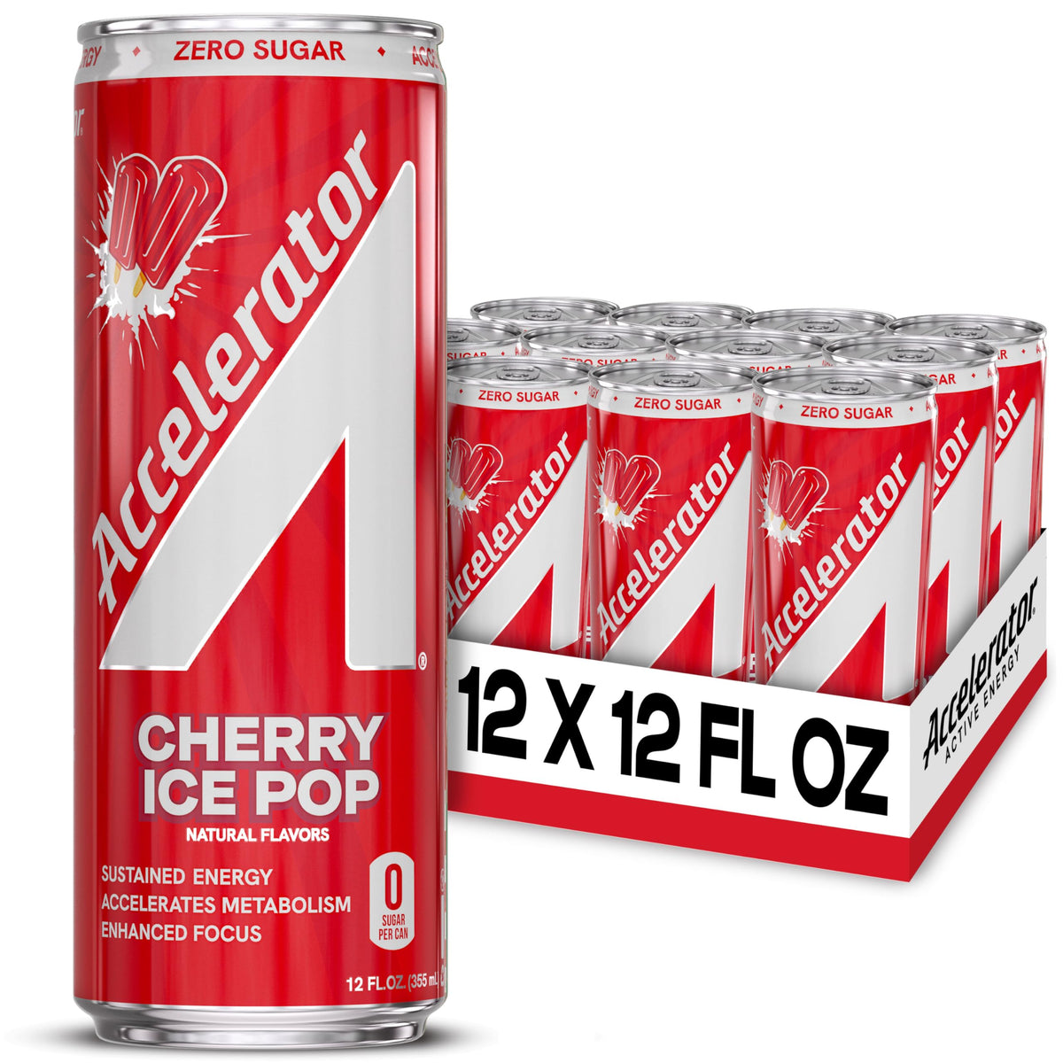 Accelerator Cherry Ice Pop Energy Drink – 12 Pack, Zero Sugar, 200mg Natural Caffeine