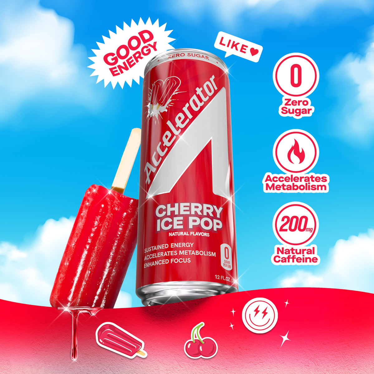 Accelerator Cherry Ice Pop Energy Drink – 12 Pack, Zero Sugar, 200mg Natural Caffeine