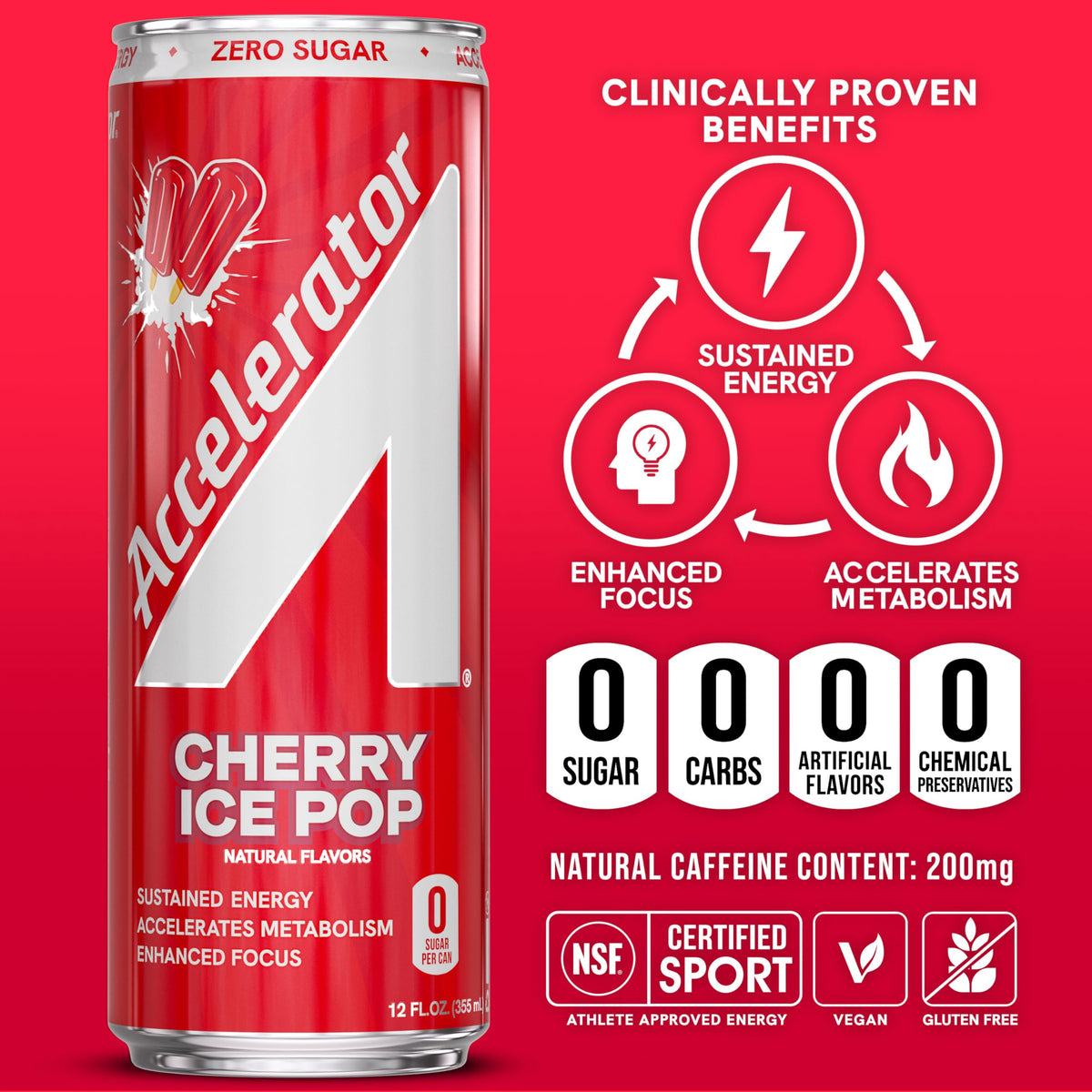Accelerator Cherry Ice Pop Energy Drink – 12 Pack, Zero Sugar, 200mg Natural Caffeine