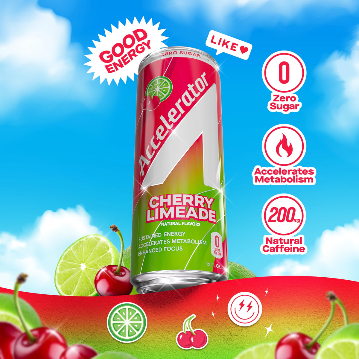 ACCELERATOR Energy Drink – Cherry Limeade, Zero Sugar, 12oz Can (12 Pack)