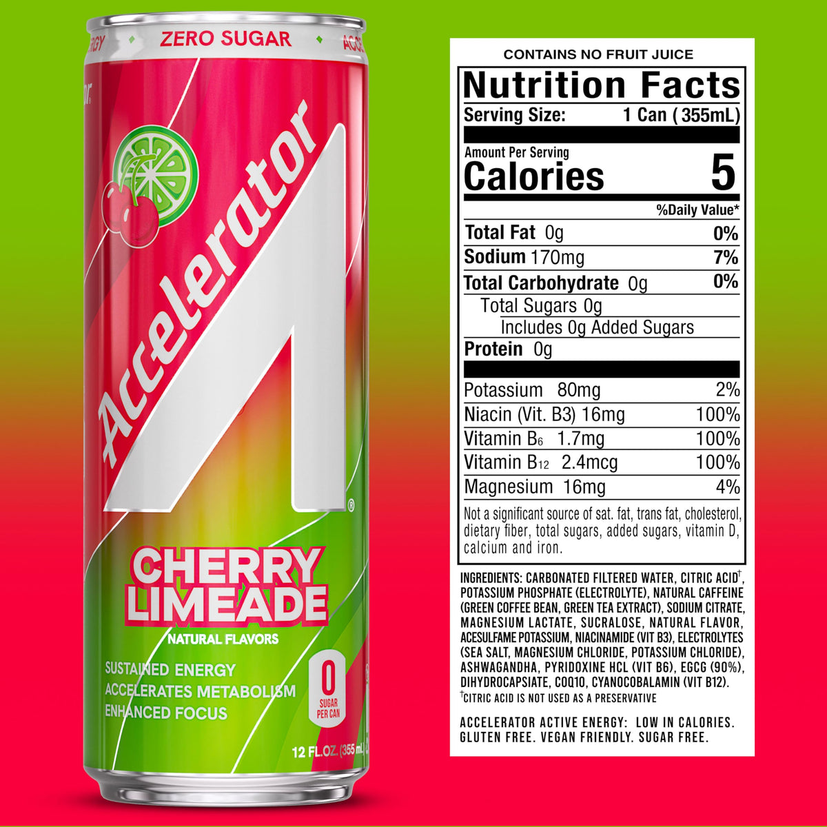 ACCELERATOR Energy Drink – Cherry Limeade, Zero Sugar, 12oz Can (12 Pack)
