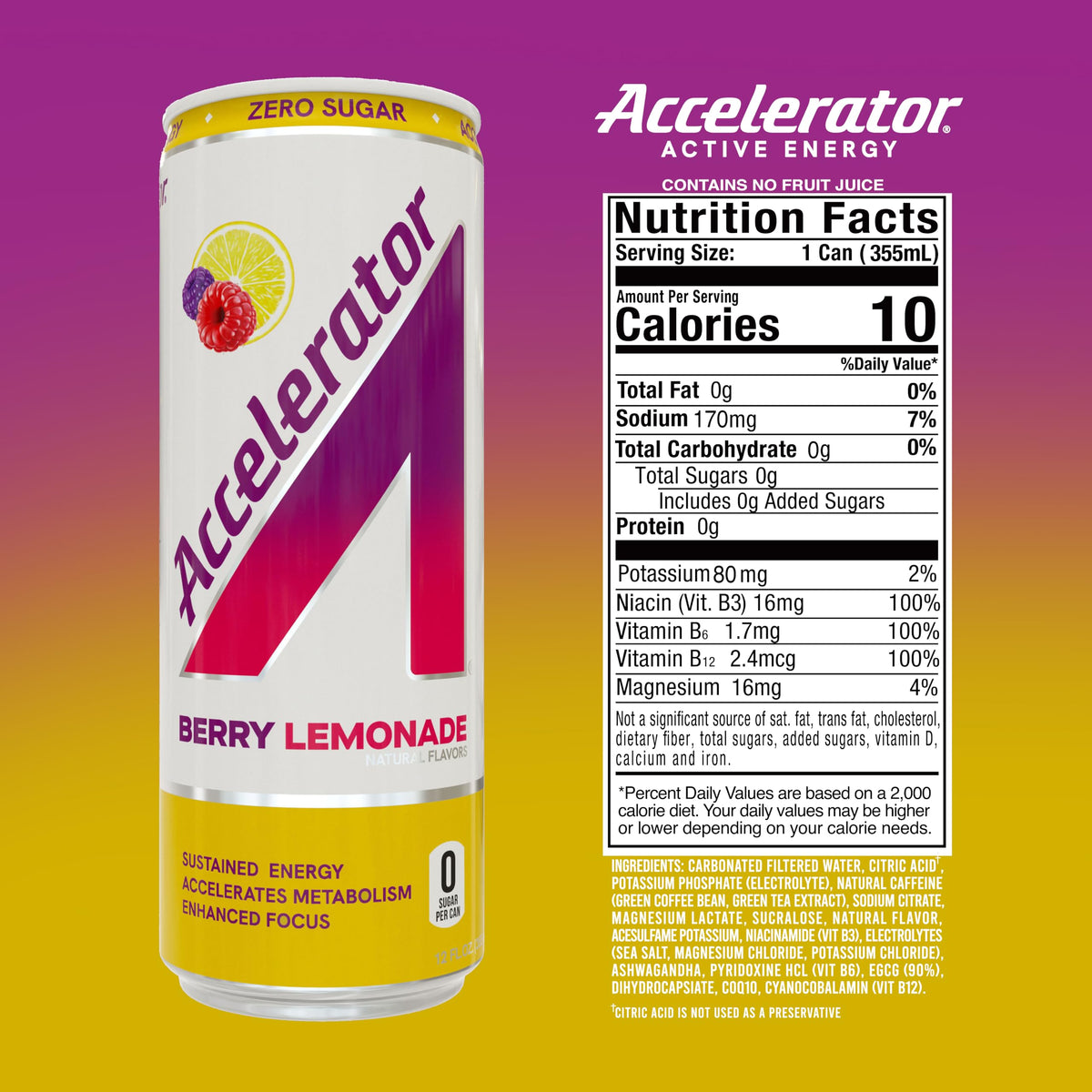 Accelerator Energy Drink Berry Lemonade — Zero Sugar, 200mg Caffeine (12-Pack)