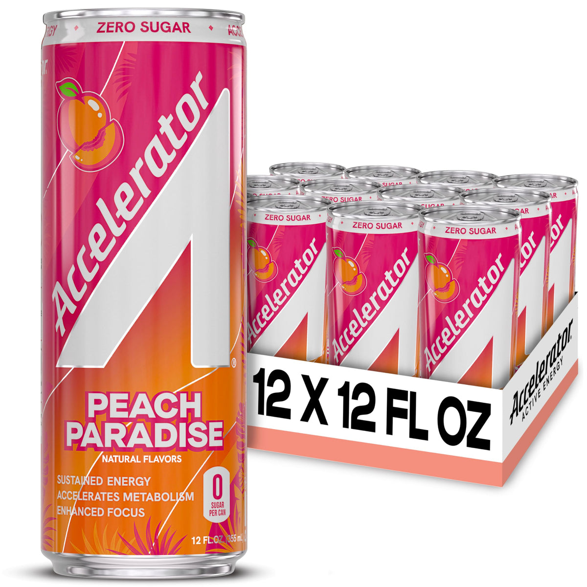 Accelerator Energy Drink Peach Paradise – Zero Sugar, 200mg Natural Caffeine, 12oz Can (12 Pack) | ACCELERATOR