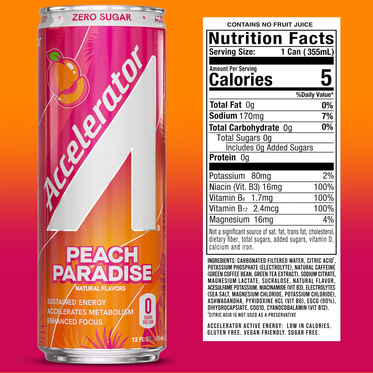 Accelerator Energy Drink Peach Paradise – Zero Sugar, 200mg Natural Caffeine, 12oz Can (12 Pack) | ACCELERATOR