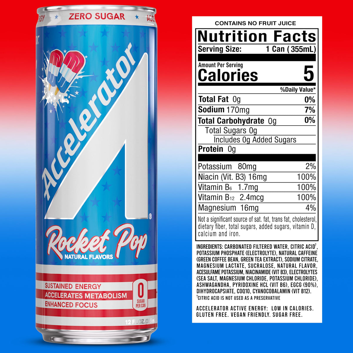 Accelerator Energy Drink – Rocket Pop 12oz Can (12 Pack) | Zero Sugar, 200mg Natural Caffeine
