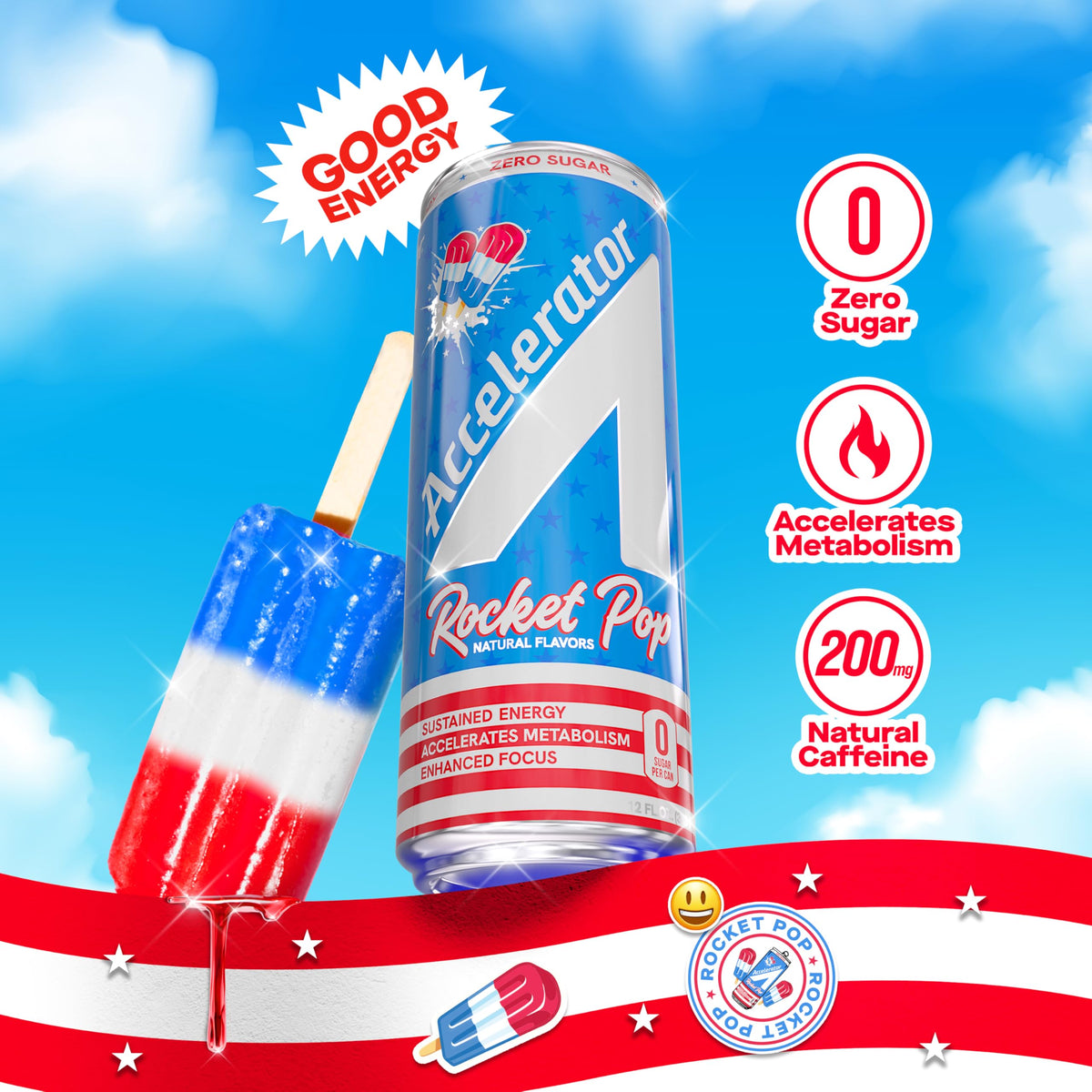 Accelerator Energy Drink – Rocket Pop 12oz Can (12 Pack) | Zero Sugar, 200mg Natural Caffeine