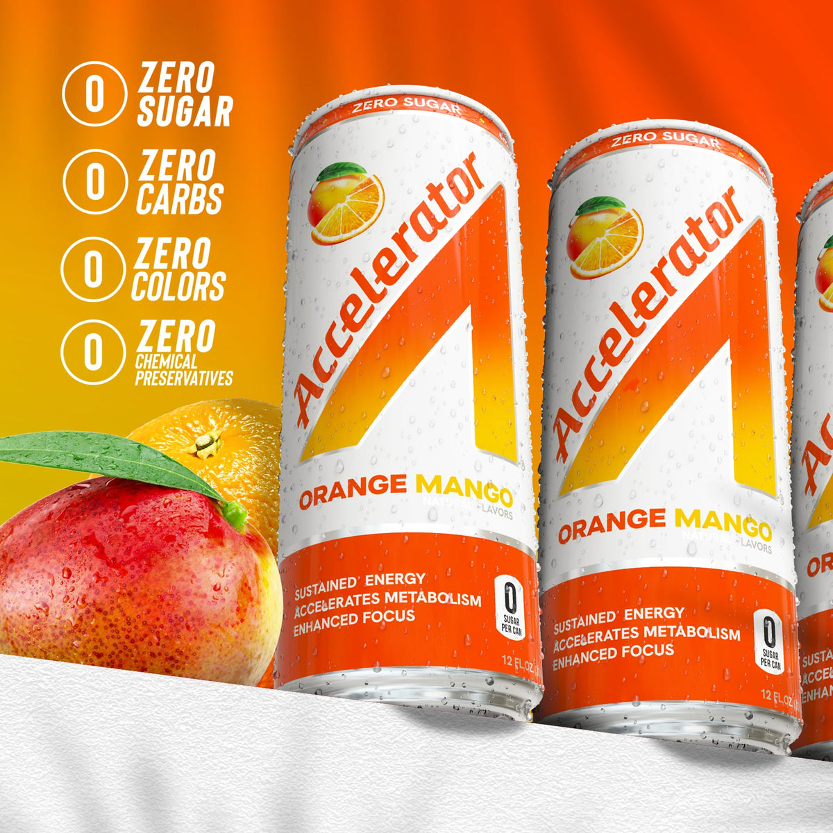 Accelerator Energy Drink Orange Mango 12oz Can Pack – 12 Pack, Zero Sugar, 200mg Natural Caffeine
