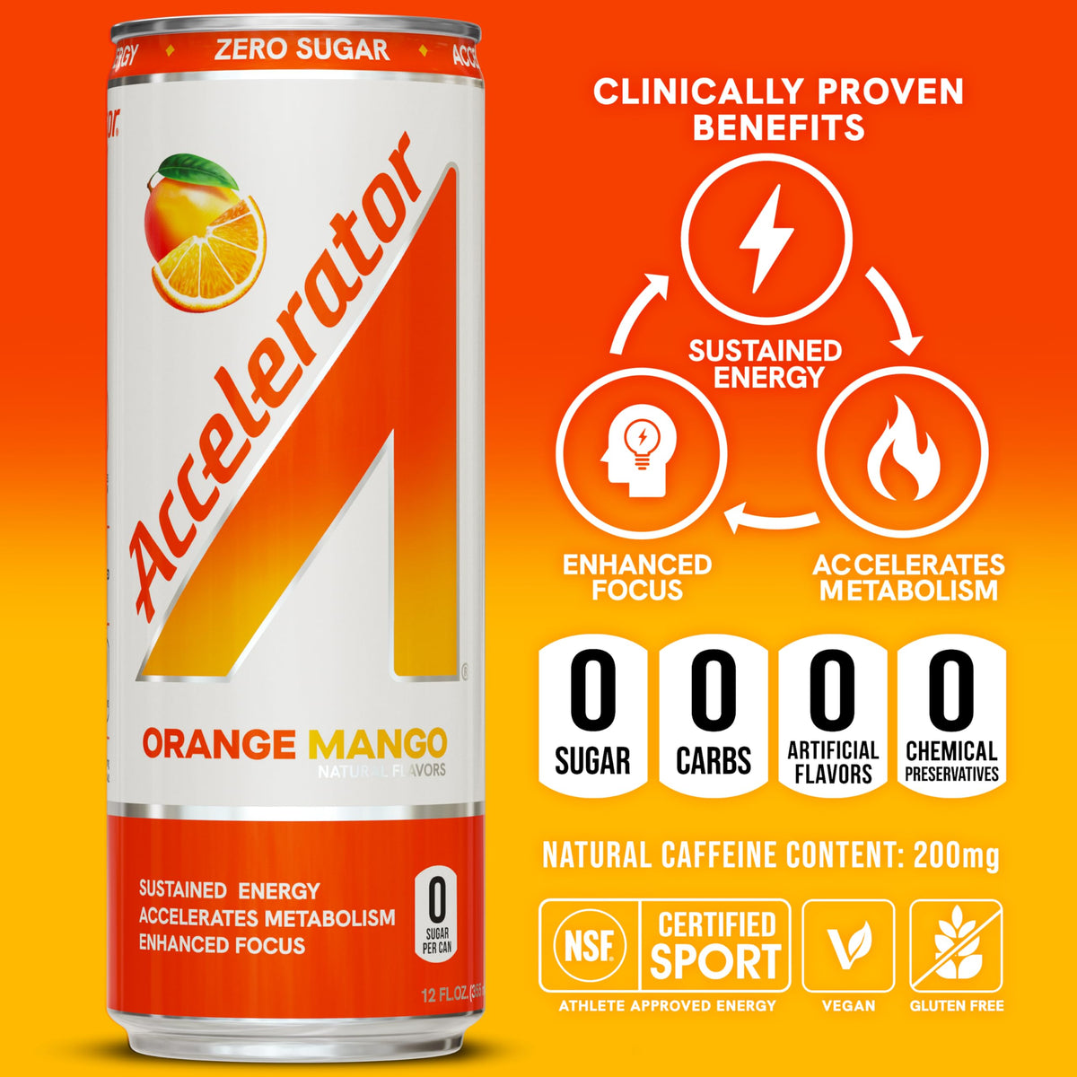 Accelerator Energy Drink Orange Mango 12oz Can Pack – 12 Pack, Zero Sugar, 200mg Natural Caffeine