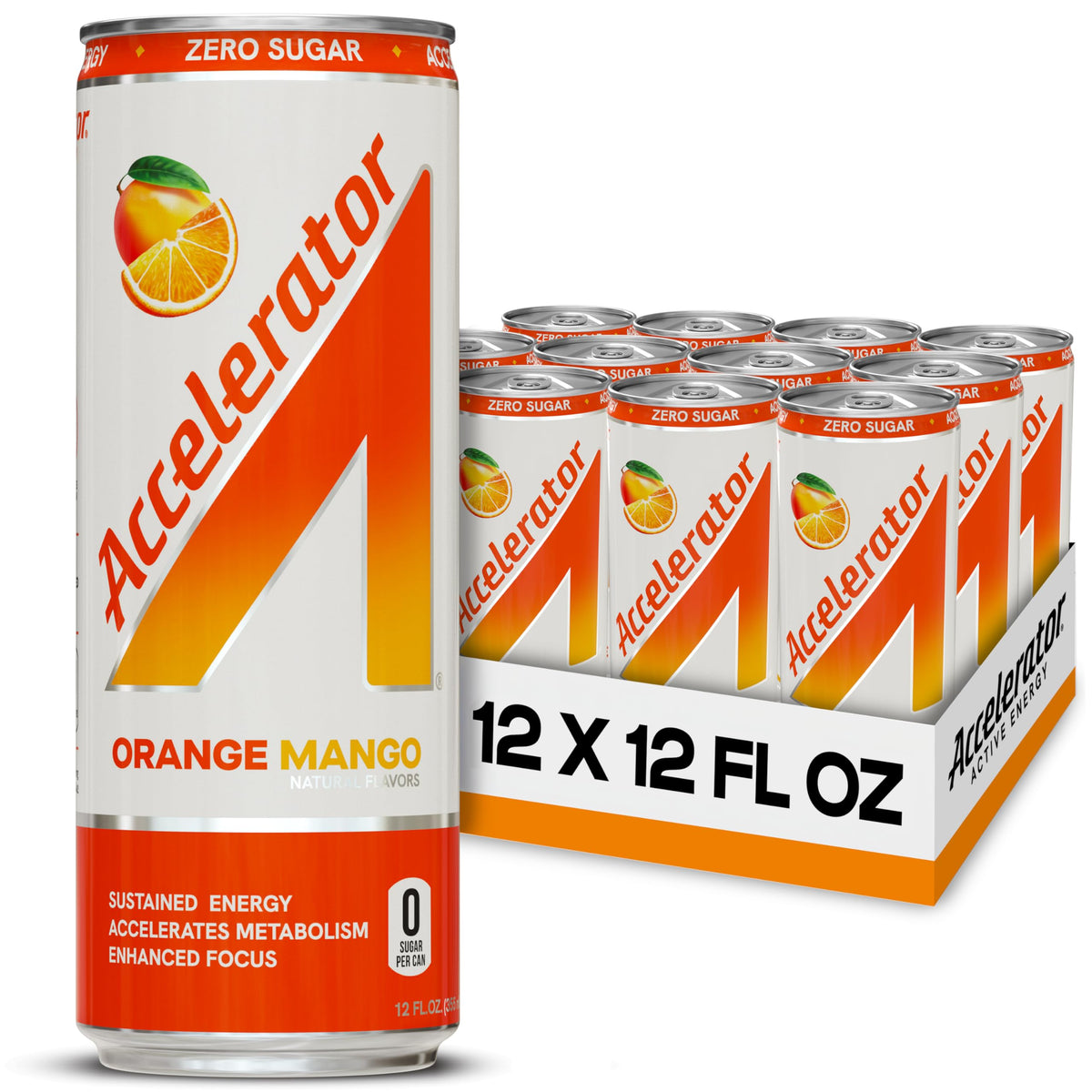 Accelerator Energy Drink Orange Mango 12oz Can Pack – 12 Pack, Zero Sugar, 200mg Natural Caffeine