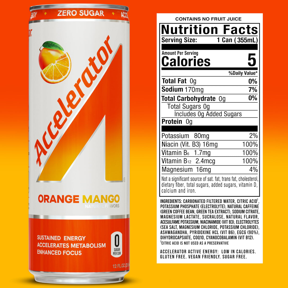 Accelerator Energy Drink Orange Mango 12oz Can Pack – 12 Pack, Zero Sugar, 200mg Natural Caffeine