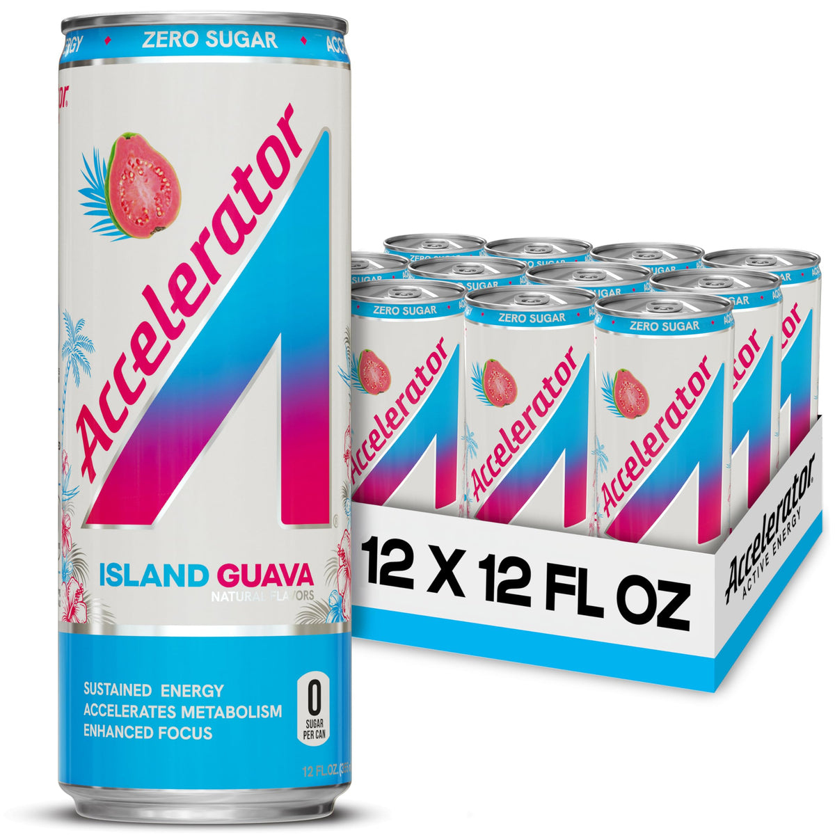 Accelerator Energy Drink Island Guava 12oz Can (12 Pack) – Zero Sugar, 200mg Natural Caffeine