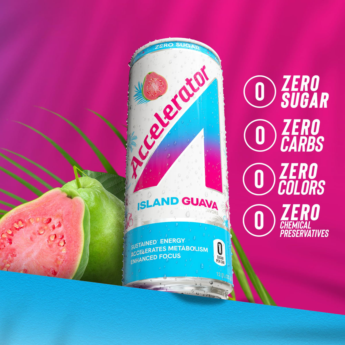 Accelerator Energy Drink Island Guava 12oz Can (12 Pack) – Zero Sugar, 200mg Natural Caffeine