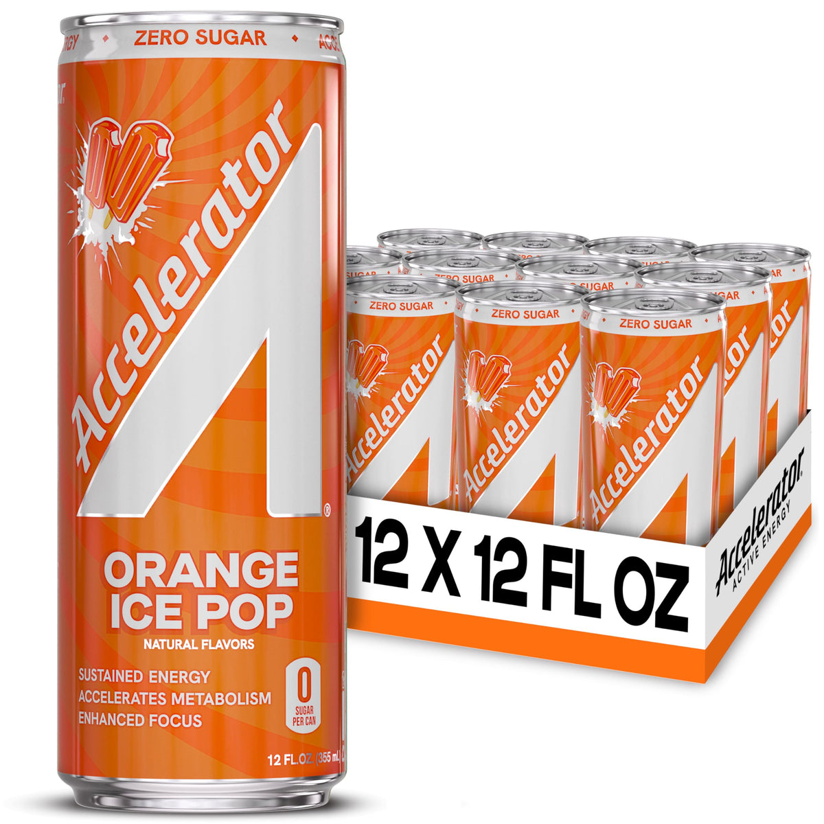 Accelerator Energy Drink Orange Ice Pop – 12oz Can (12 Pack), Zero Sugar, 200mg Natural Caffeine