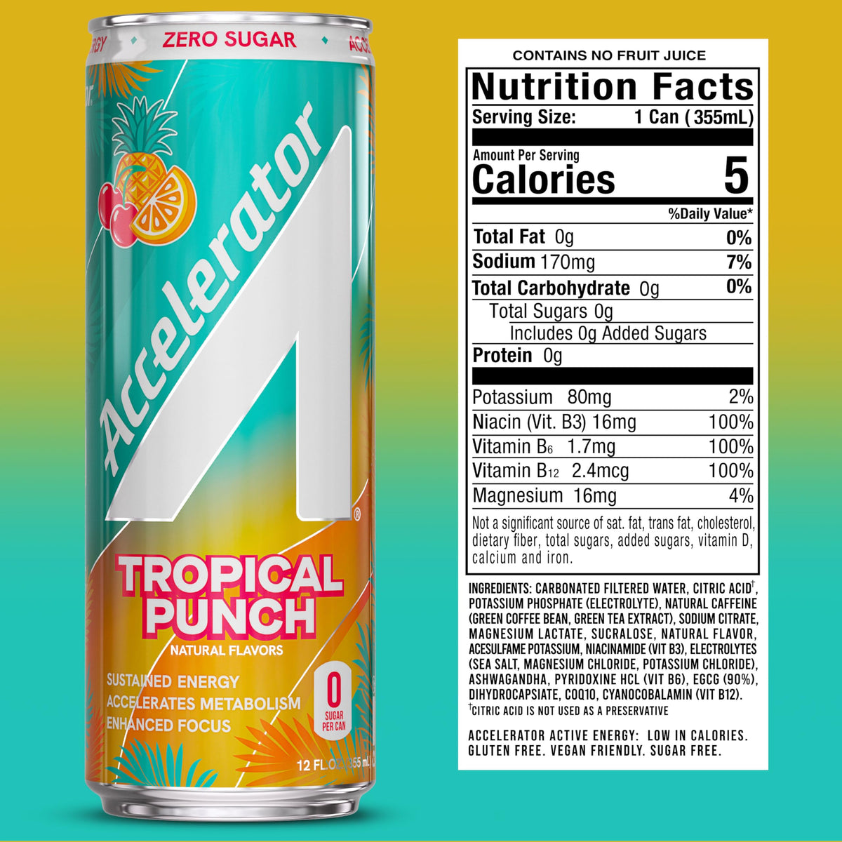 Accelerator Energy Drink Tropical Punch – Zero Sugar, 12oz Can (12 Pack) – 200mg Natural Caffeine