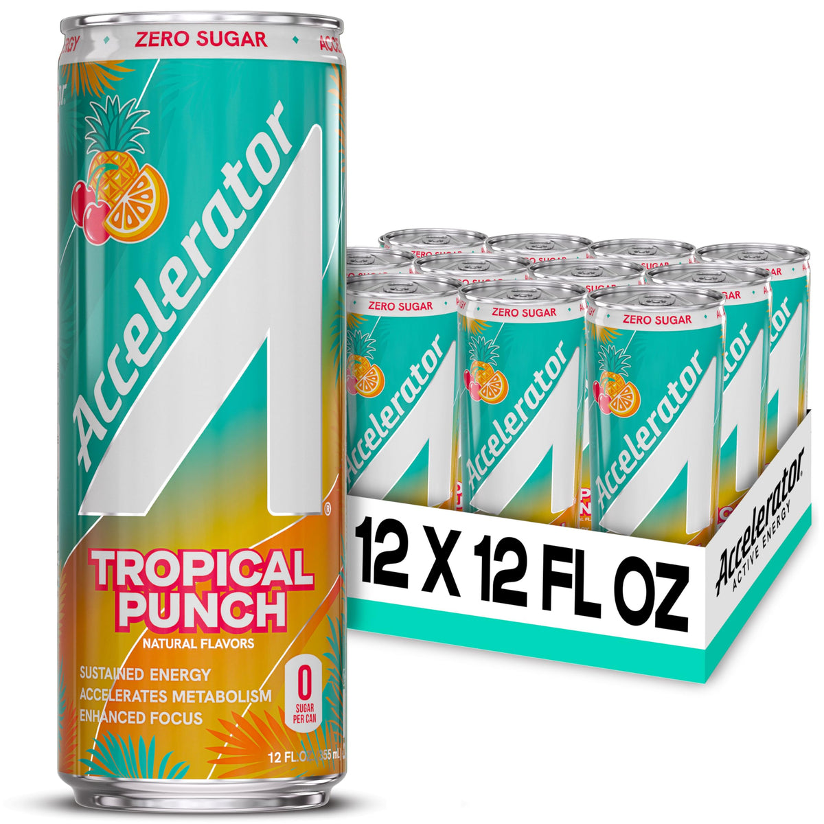 Accelerator Energy Drink Tropical Punch – Zero Sugar, 12oz Can (12 Pack) – 200mg Natural Caffeine