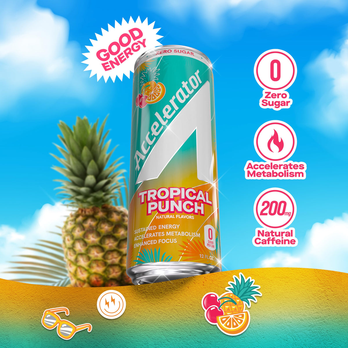 Accelerator Energy Drink Tropical Punch – Zero Sugar, 12oz Can (12 Pack) – 200mg Natural Caffeine