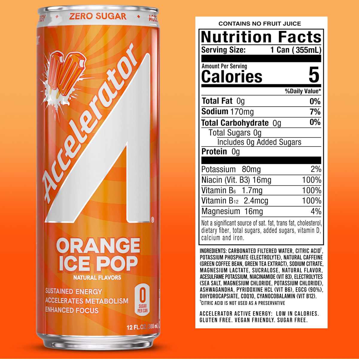 Accelerator Energy Drink Orange Ice Pop – 12oz Can (12 Pack), Zero Sugar, 200mg Natural Caffeine