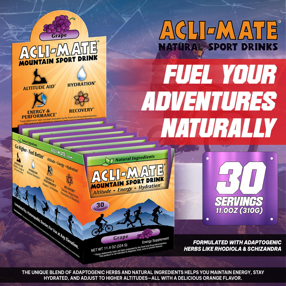 Acli-Mate Mountain Sport Drink Mix - High Altitude Acclimatization Electrolyte Powder Packets (Grape, 30 CT)